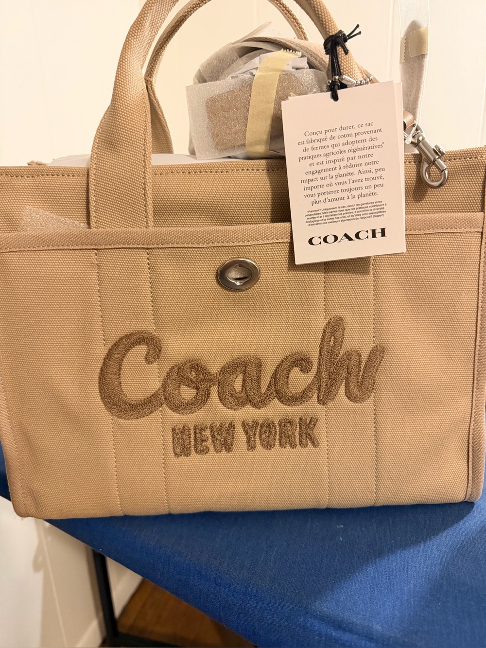 Coach Beige Canvas Tote with Embroidered Logo and Top Handles